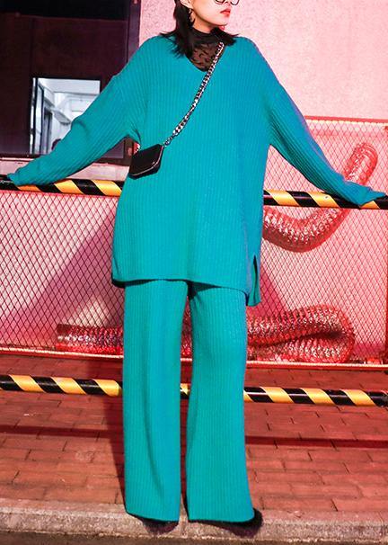 2025年秋冬新作 レディース ファッション ニット セットアップ ブルーグリーン ワイドパンツ 2点セット