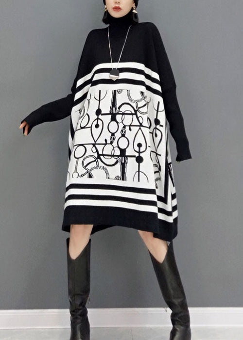 DIY風 ホワイト タートルネック プリント柄 ニットロングワンピース 春