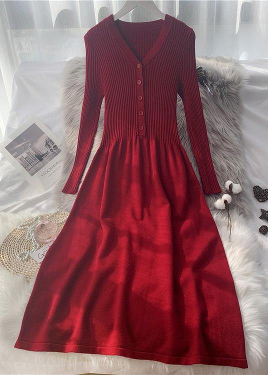 フレンチボタン ニットセーター ロング丈 オーバーニー スリム ニットワンピース