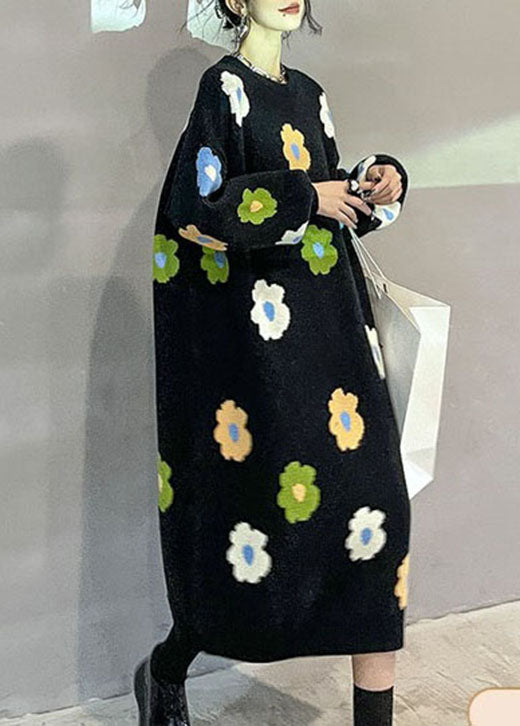 プラスサイズ ナチュラル ブラック 花柄 厚手 ニットワンピース 冬