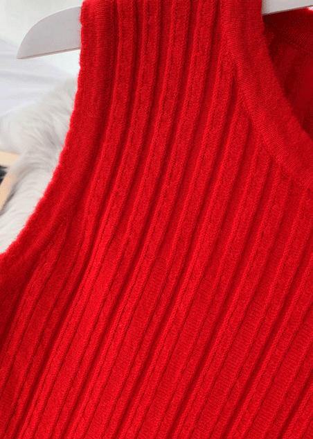 プルオーバー レッド セーター スウェータ―ウェザー DIY風 Oネック ノースリーブ ユニーク 秋 ニットワンピース
