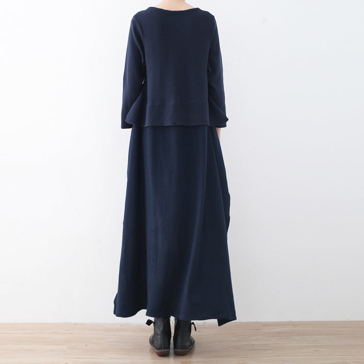 ブティック風 ダークブルー ニットワンピース 大きいサイズ レディース サイドスリット 秋 フェイク2ピース